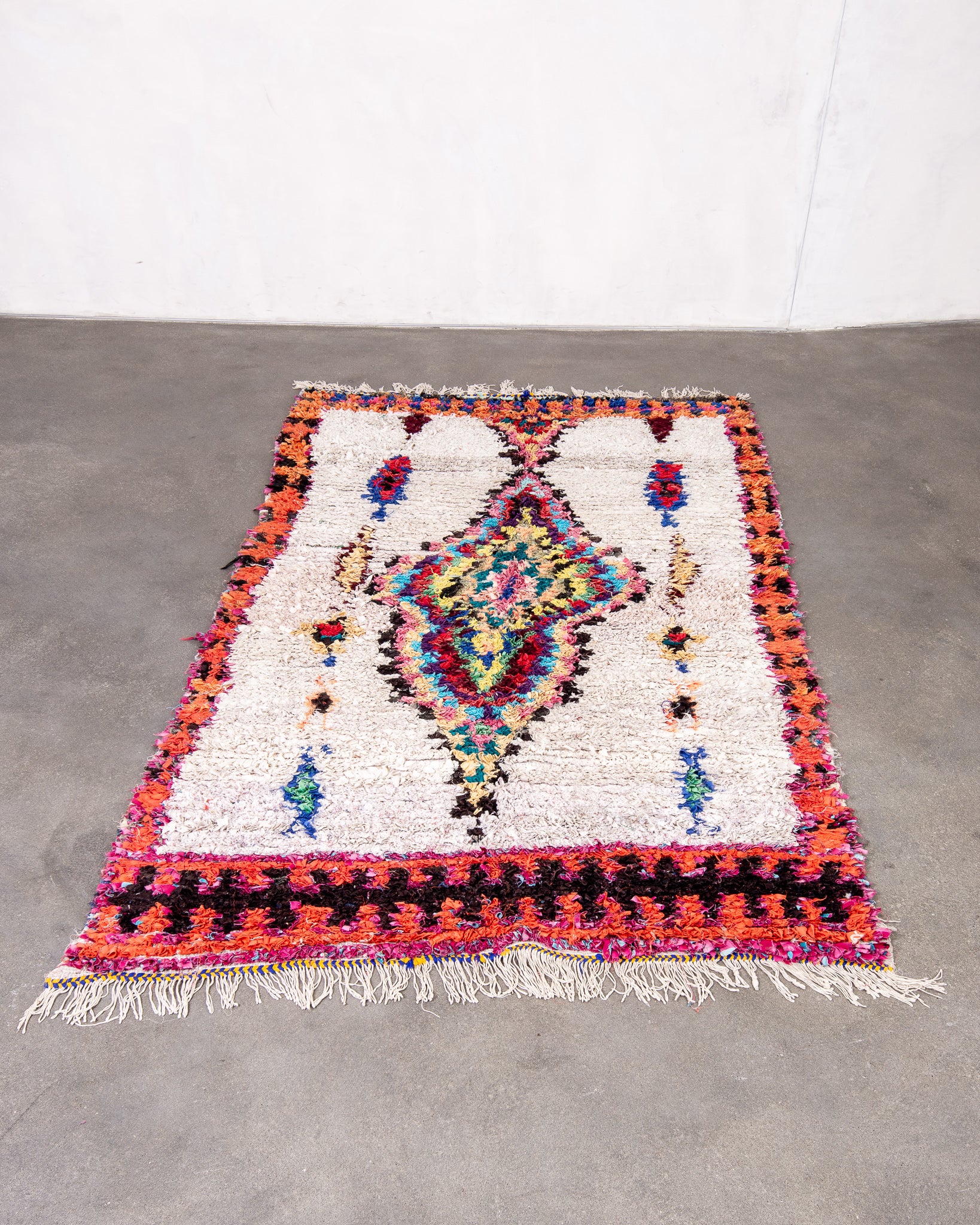 Modern designer handcrafted Berber rug from morocco Boucherouite with beautiful colors and patterns